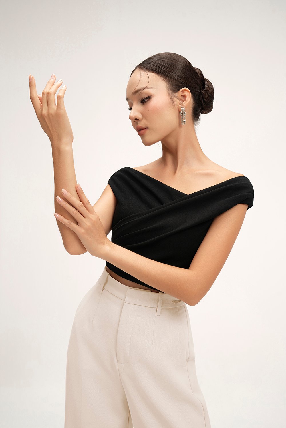 Rachel Padded Asymmetrical Wrap Top in Classic Black