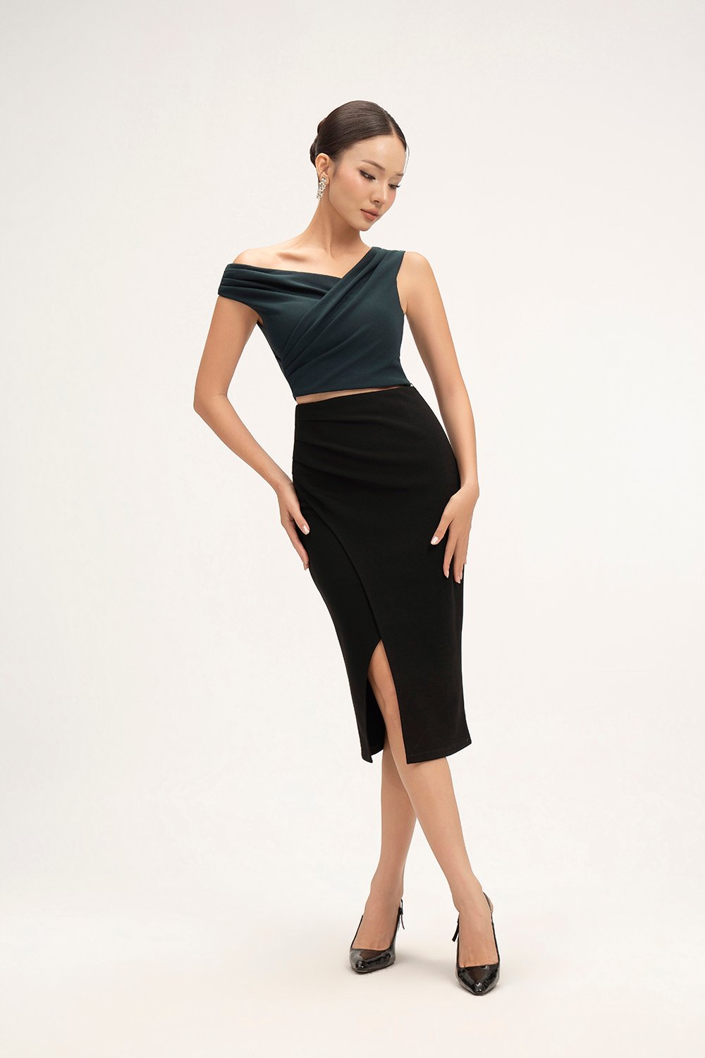 Rachel Padded Asymmetrical Wrap Top in Emerald Green