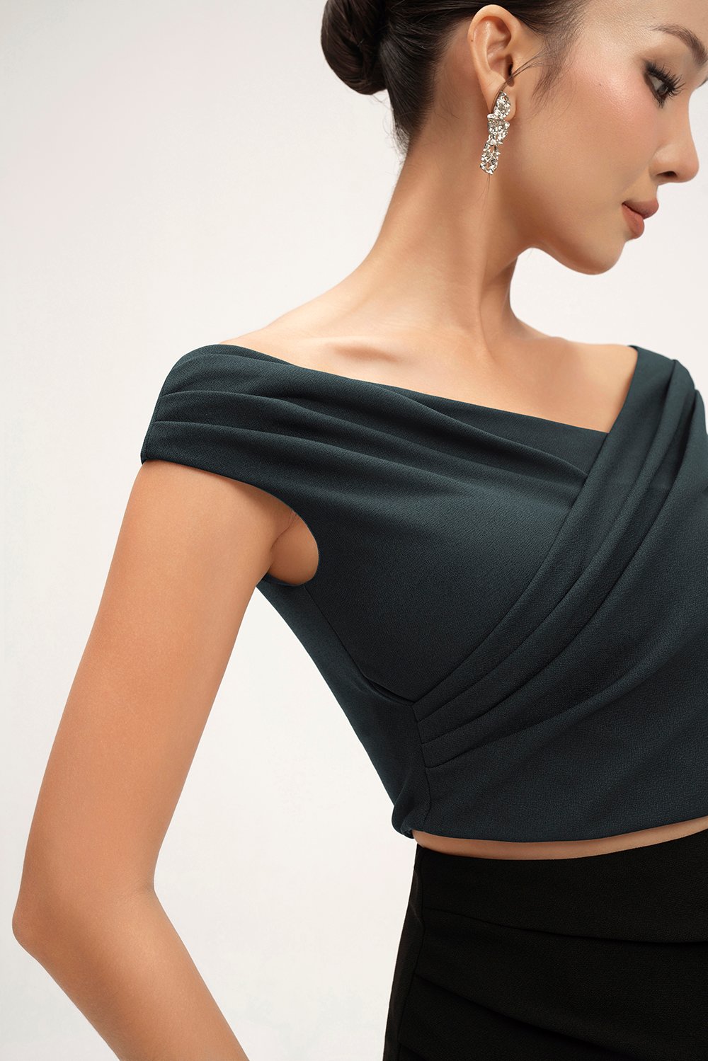 Rachel Padded Asymmetrical Wrap Top in Emerald Green