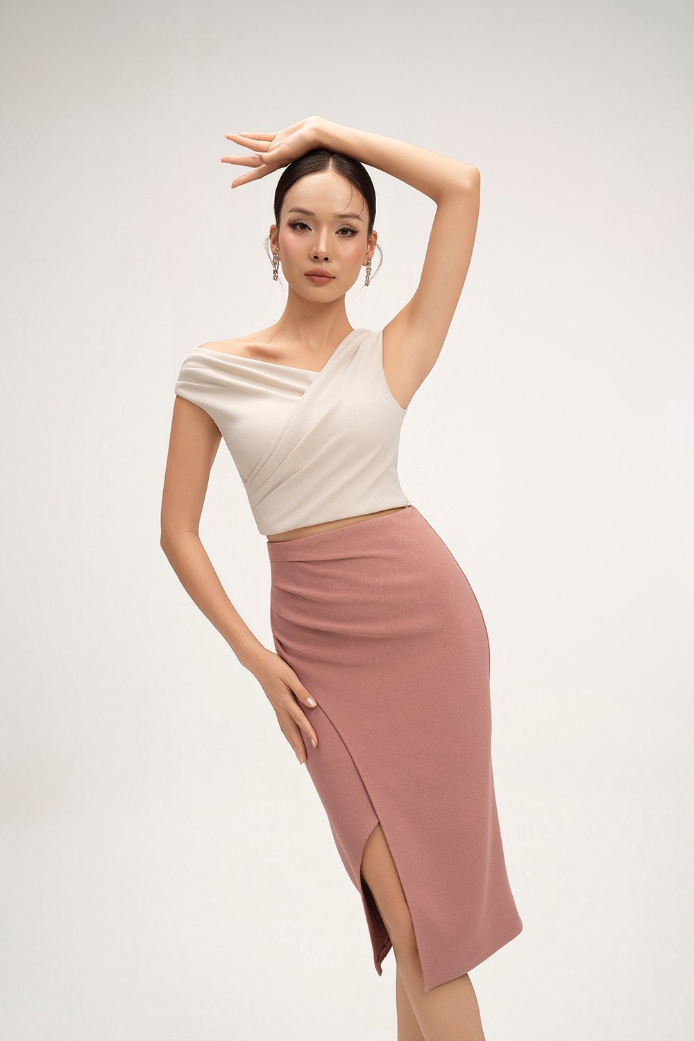 Rachel Padded Asymmetrical Wrap Top in Ivory