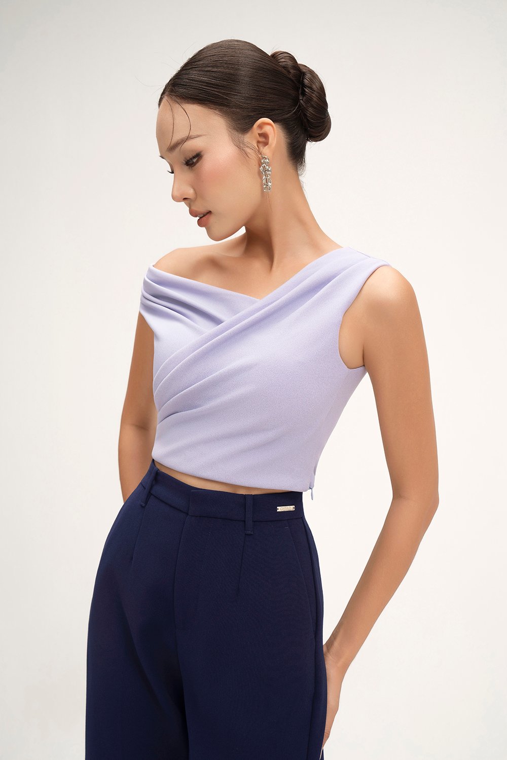 Rachel Padded Asymmetrical Wrap Top in Wisteria