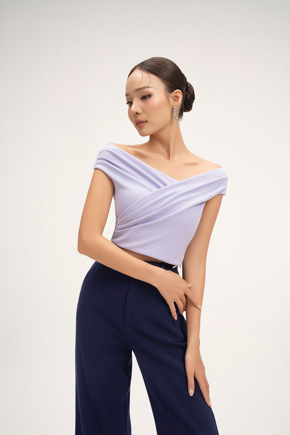 Rachel Padded Asymmetrical Wrap Top in Wisteria