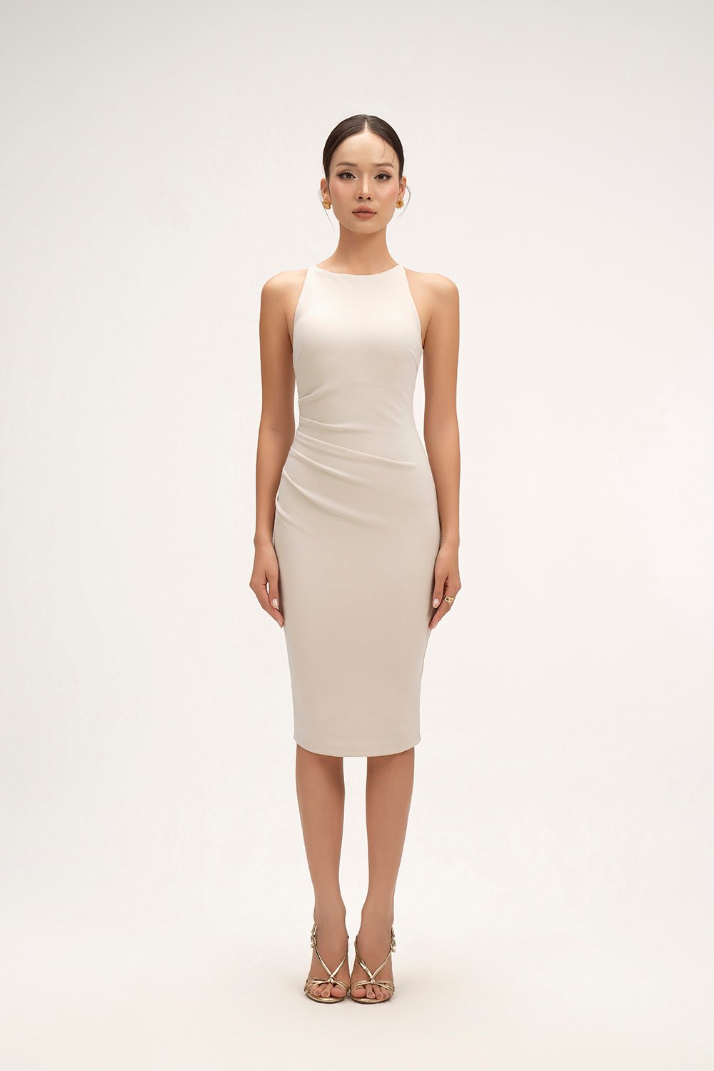 Sabrina Padded Ruched Pencil Dress in Ivory