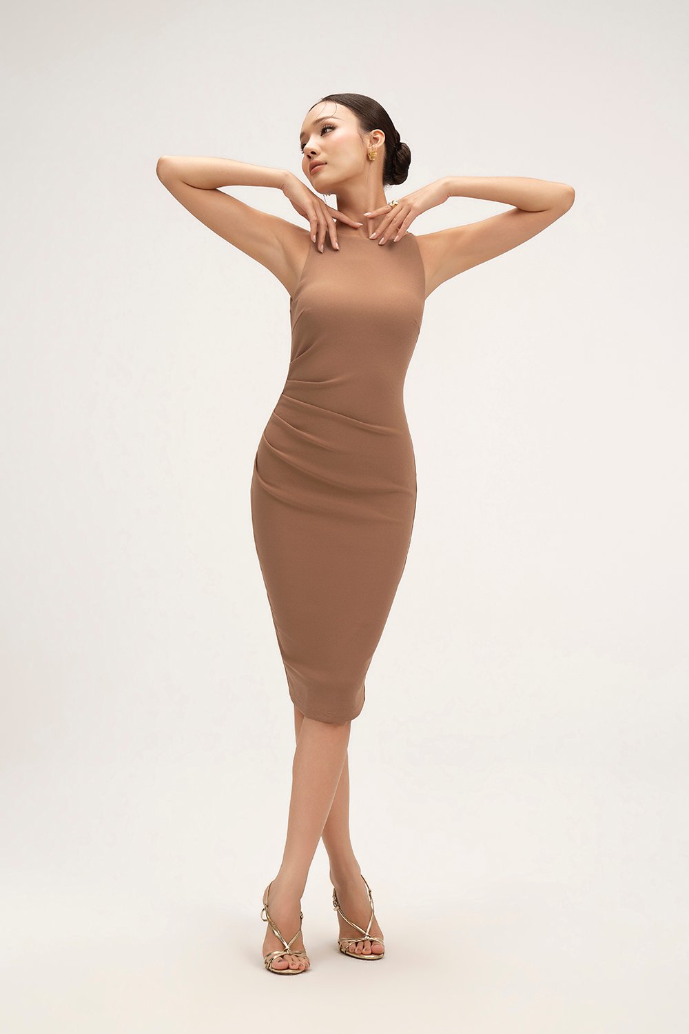 Sabrina Padded Ruched Pencil Dress in Latte