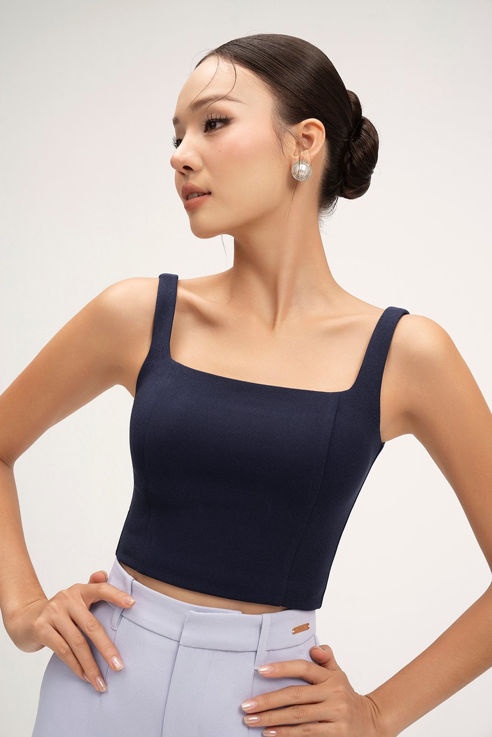 Sienne Padded Square Neck Crop Top in Navy Blue