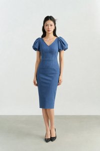 Beatrice V-Neckline Puff Sleeves Pencil Denim Dress in Classic Denim