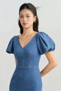 Beatrice V-Neckline Puff Sleeves Pencil Denim Dress in Classic Denim