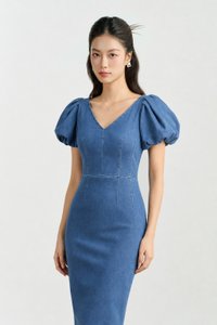 Beatrice V-Neckline Puff Sleeves Pencil Denim Dress in Classic Denim