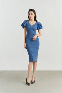 Beatrice V-Neckline Puff Sleeves Pencil Denim Dress in Classic Denim