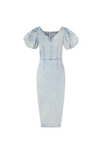 Beatrice V-Neckline Puff Sleeves Pencil Denim Dress in Light Wash