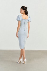Beatrice V-Neckline Puff Sleeves Pencil Denim Dress in Light Wash