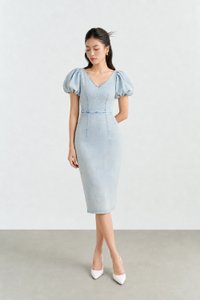 Beatrice V-Neckline Puff Sleeves Pencil Denim Dress in Light Wash