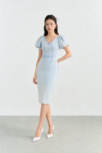 Beatrice V-Neckline Puff Sleeves Pencil Denim Dress in Light Wash