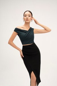 Rachel Padded Asymmetrical Wrap Top in Emerald Green