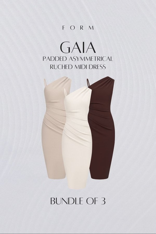 Gaia Padded Asymmetrical Ruched Midi Dress Bundle of 3