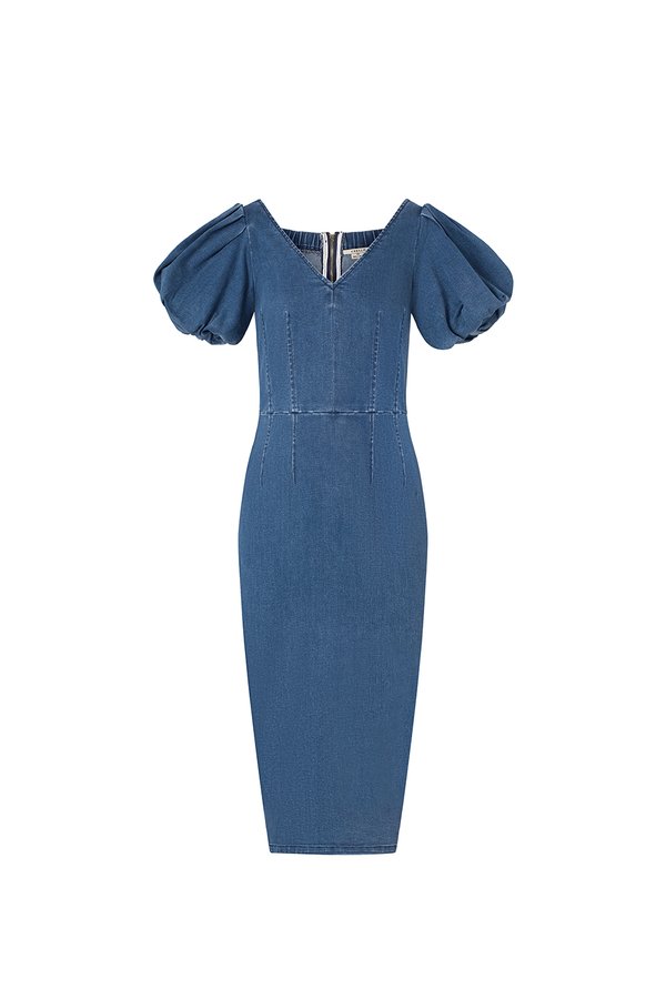 Beatrice V-Neckline Puff Sleeves Pencil Denim Dress in Classic Denim