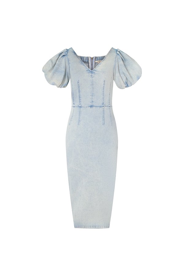 Beatrice V-Neckline Puff Sleeves Pencil Denim Dress in Light Wash