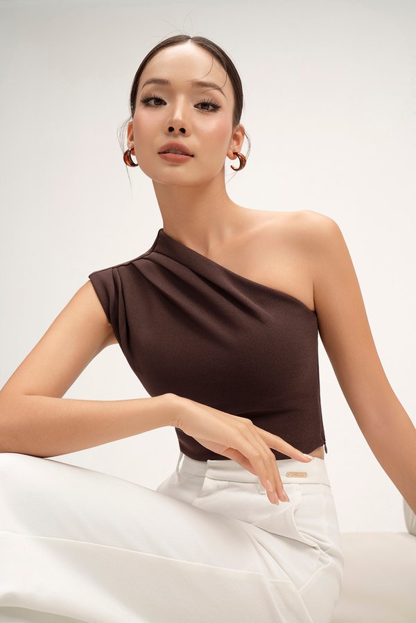 Matilda Padded Asymmetrical Toga Top in Chocolate