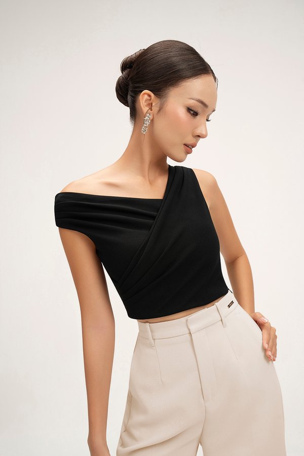 Rachel Padded Asymmetrical Wrap Top in Classic Black