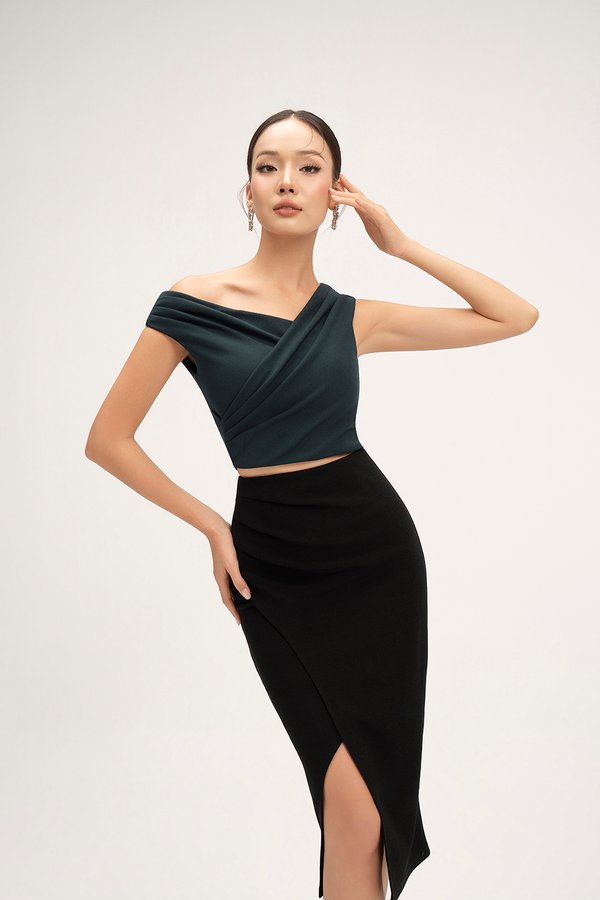 Rachel Padded Asymmetrical Wrap Top in Emerald Green