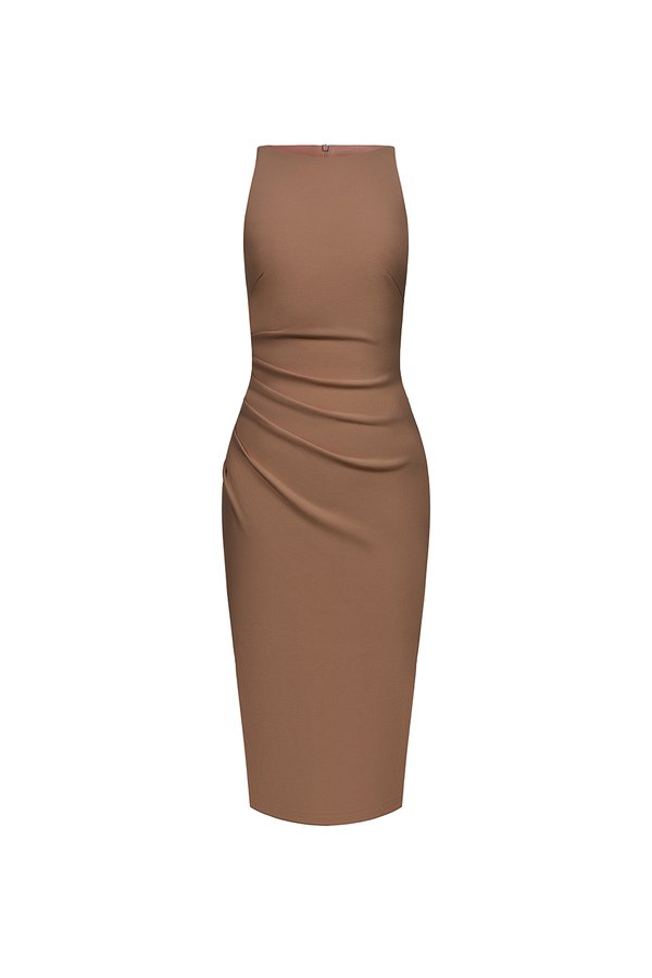 Sabrina Padded Ruched Pencil Dress in Latte