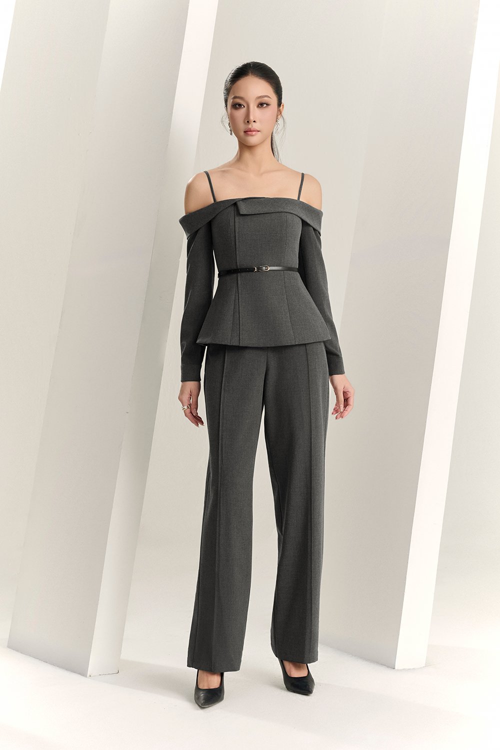 Avril Asymmetrical Cold Shoulder Top in Bespoke Grey