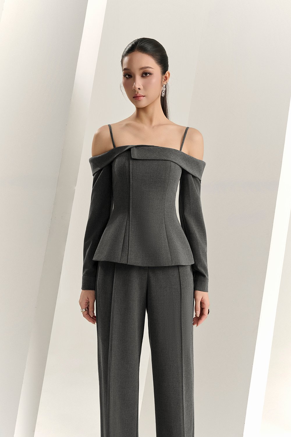 Avril Asymmetrical Cold Shoulder Top in Bespoke Grey