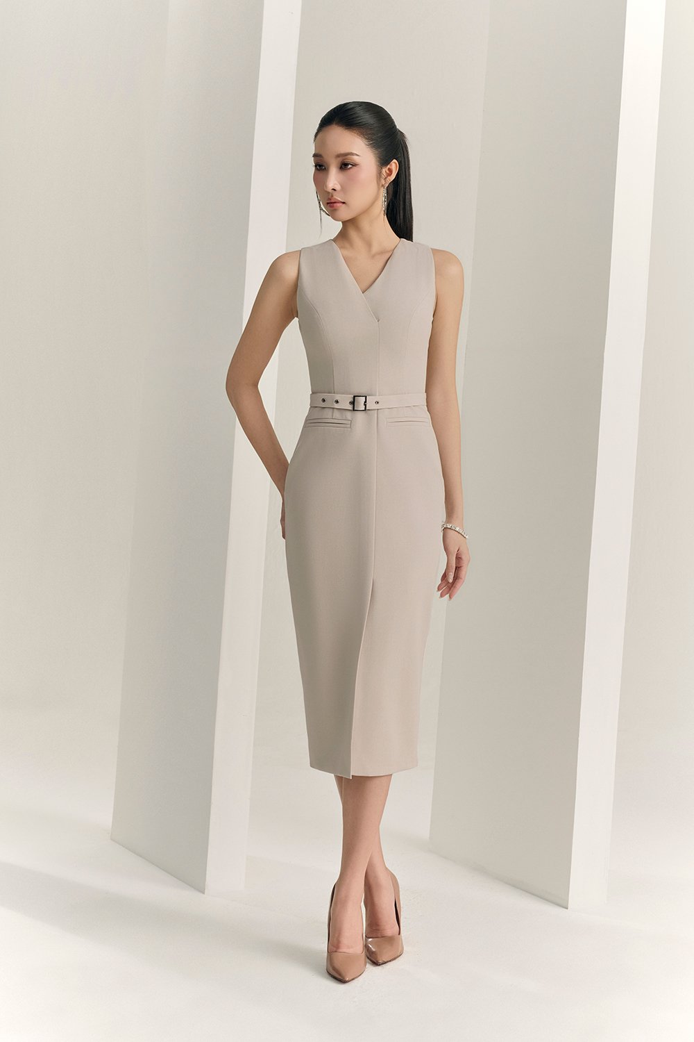 Caleigh V-neck Belted Pencil Dress in Greige Stone