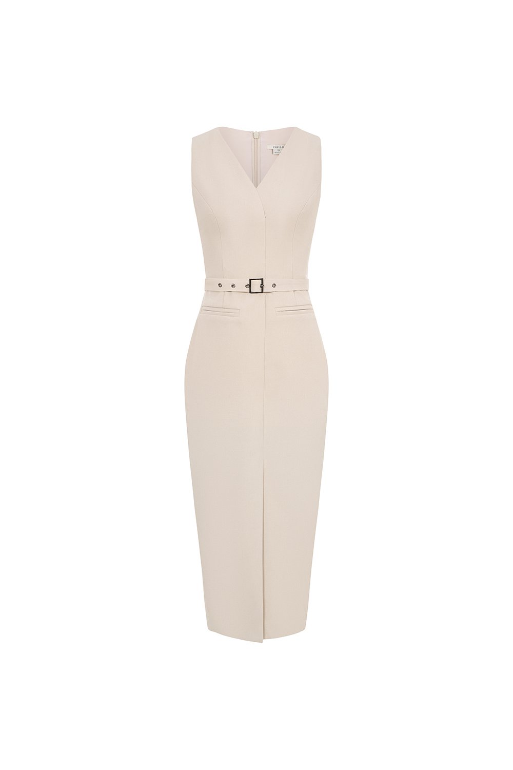 Caleigh V-neck Belted Pencil Dress in Greige Stone
