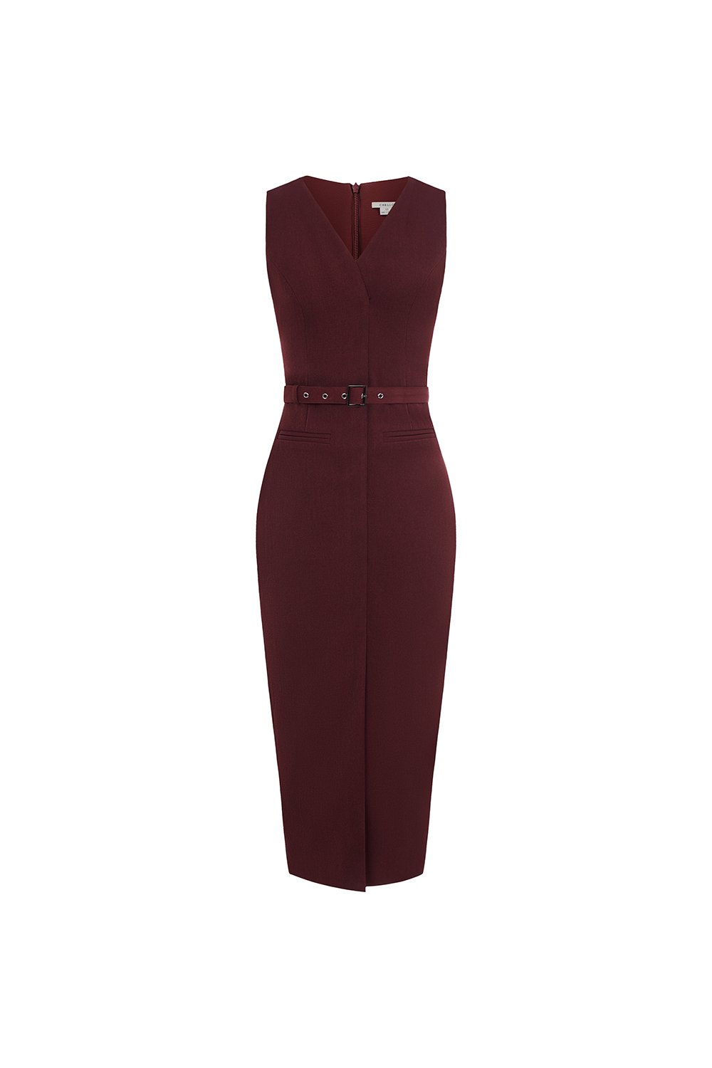 Caleigh V-neck Belted Pencil Dress in Merlot