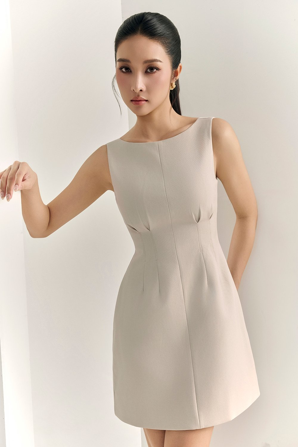 Cyane Padded Mini Dress in Greige Stone