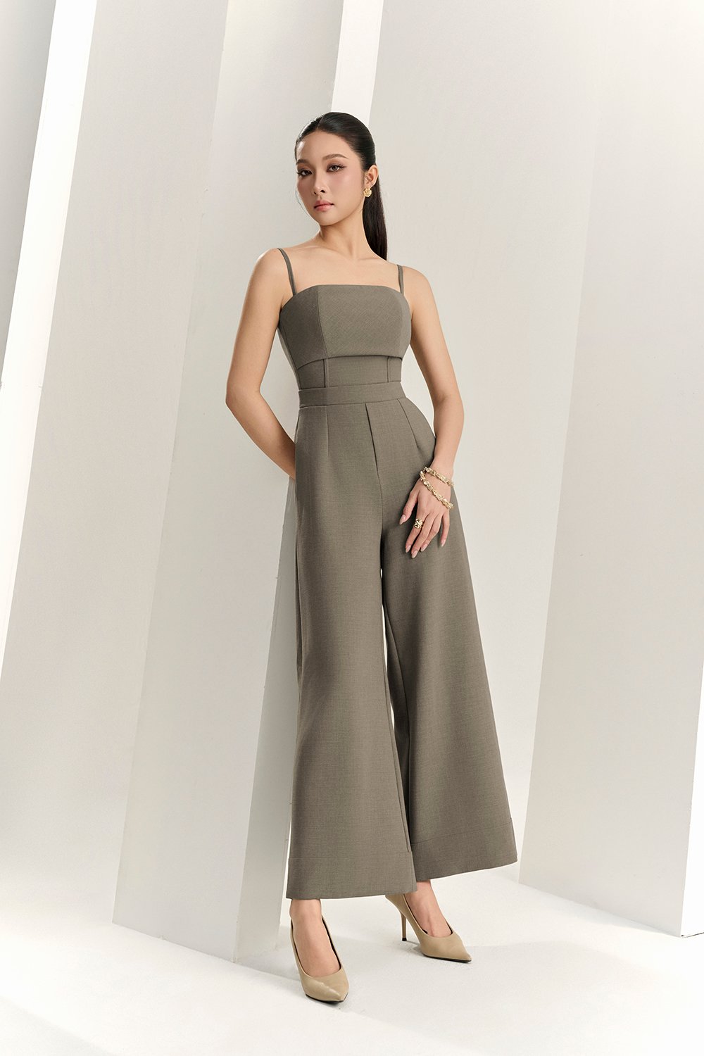 Eliza Padded Strappy Jumpsuit in Smokey Olive