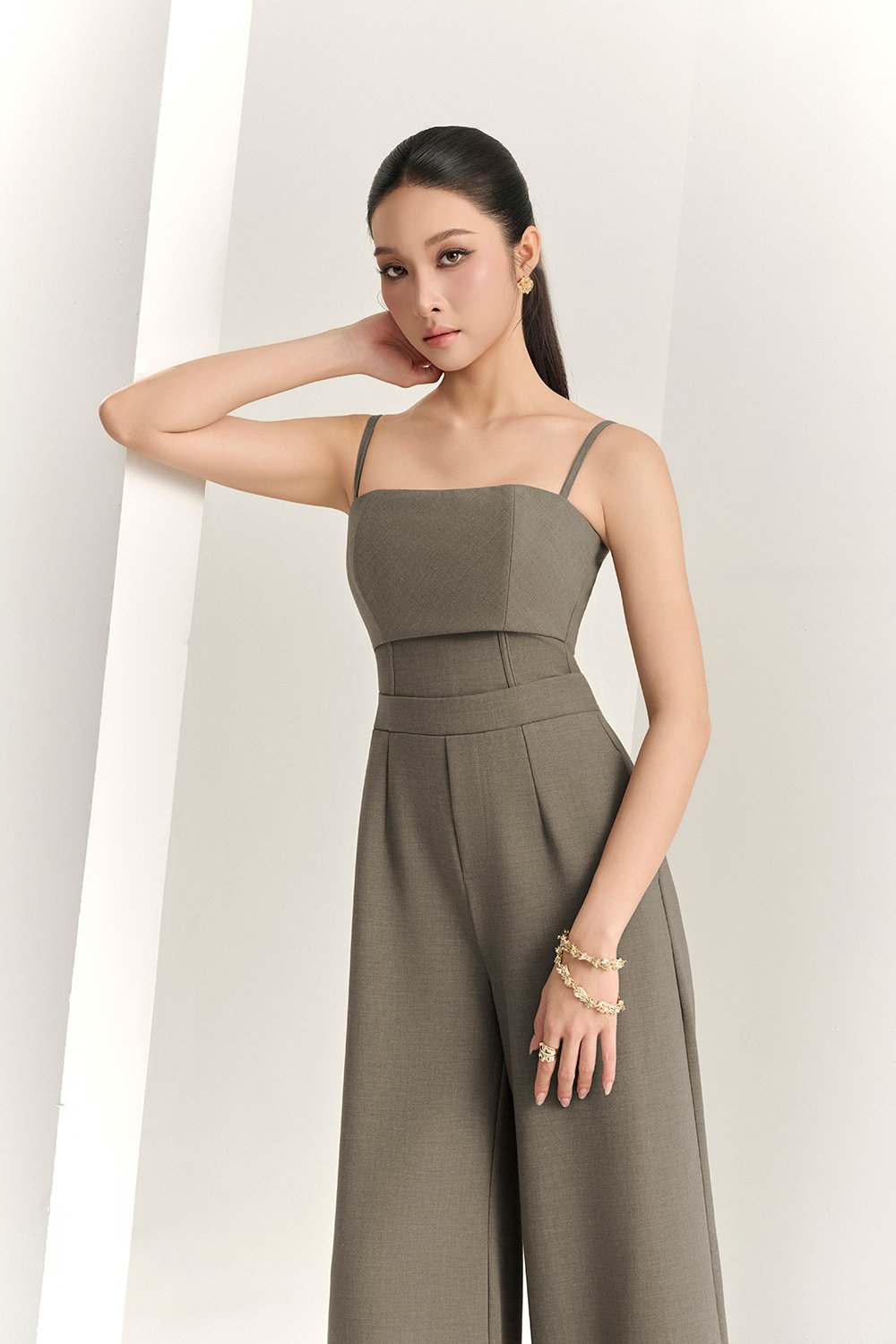 Eliza Padded Strappy Jumpsuit in Smokey Olive