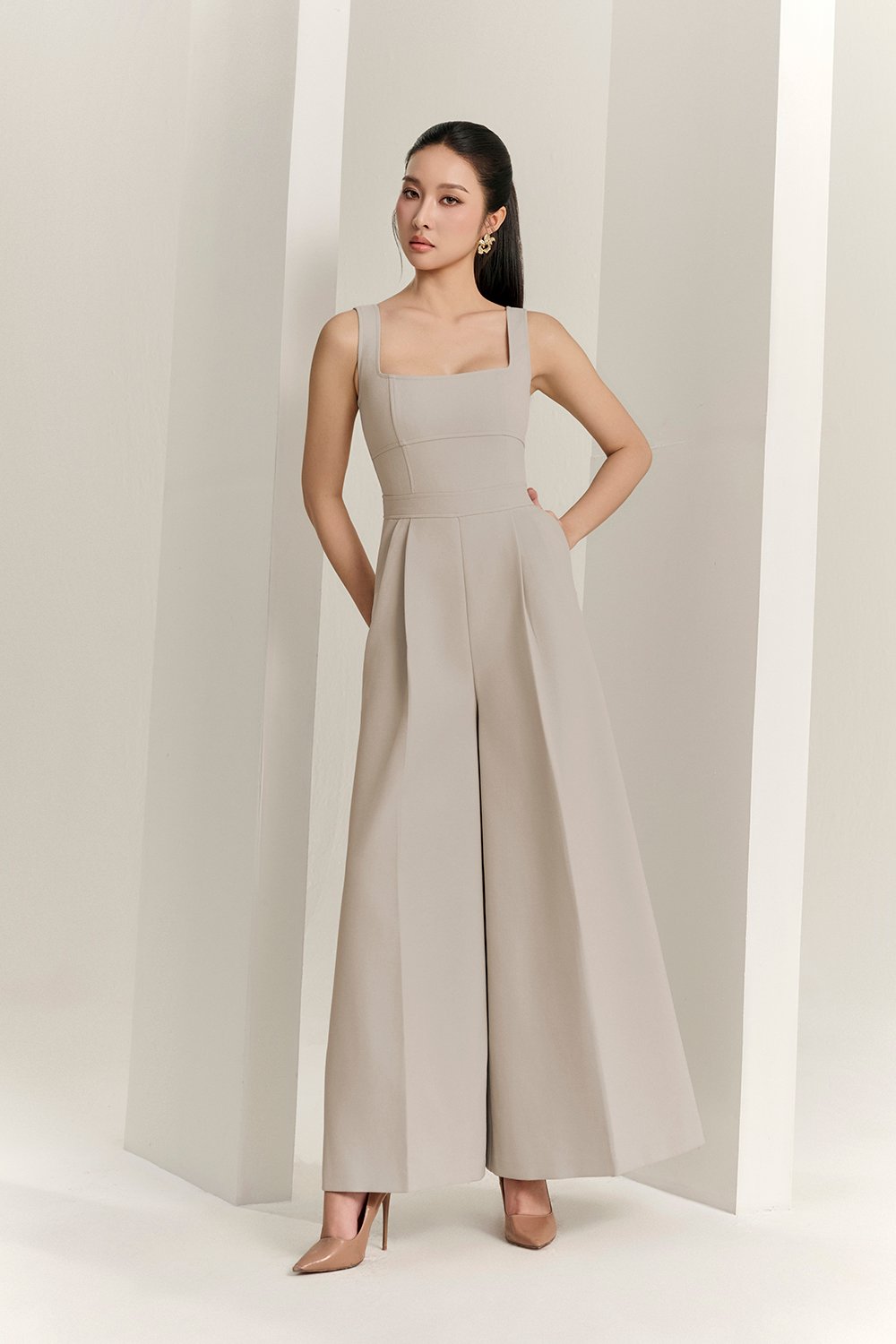 Hilda Padded Palazzo Jumpsuit in Greige Stone