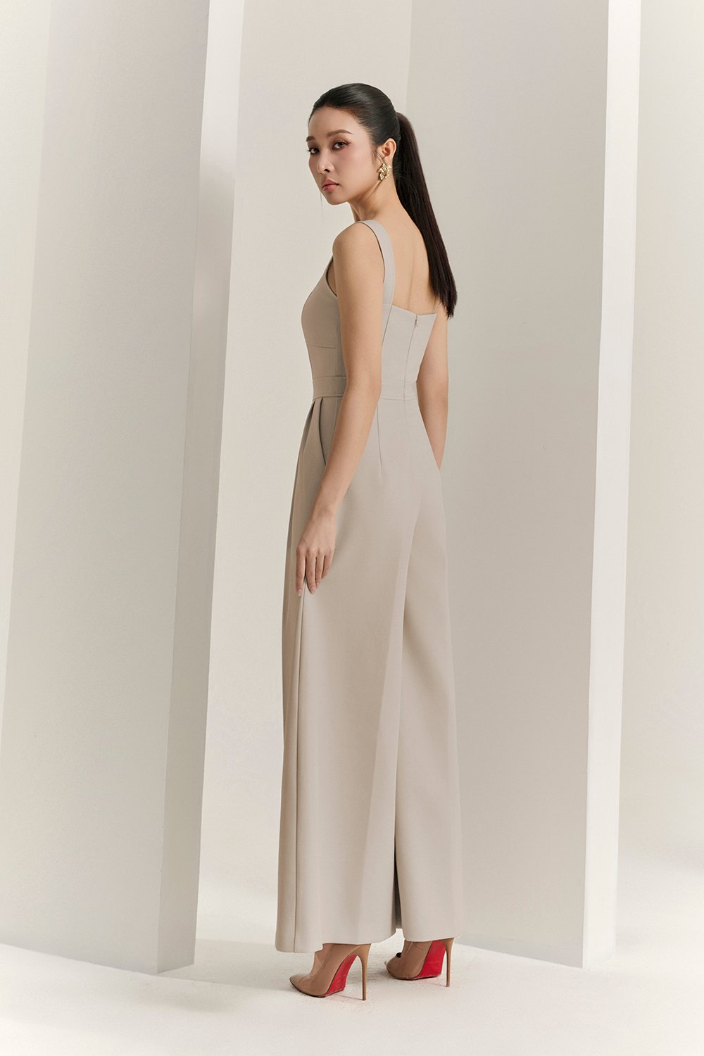 Hilda Padded Palazzo Jumpsuit in Greige Stone