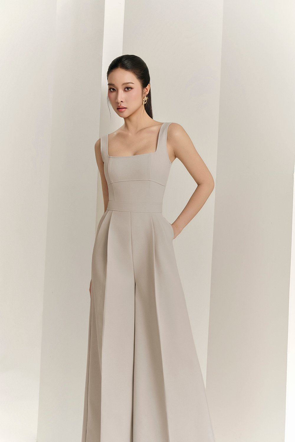 Hilda Padded Palazzo Jumpsuit in Greige Stone