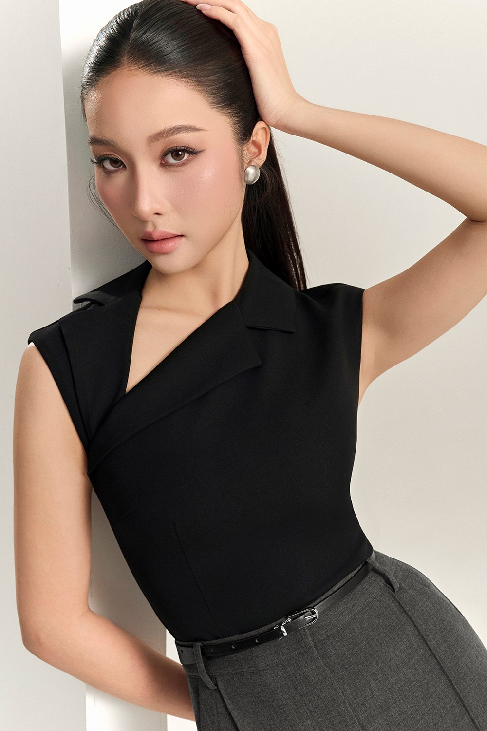 Louisa Padded Asymmetrical Collared Top in Classic Black