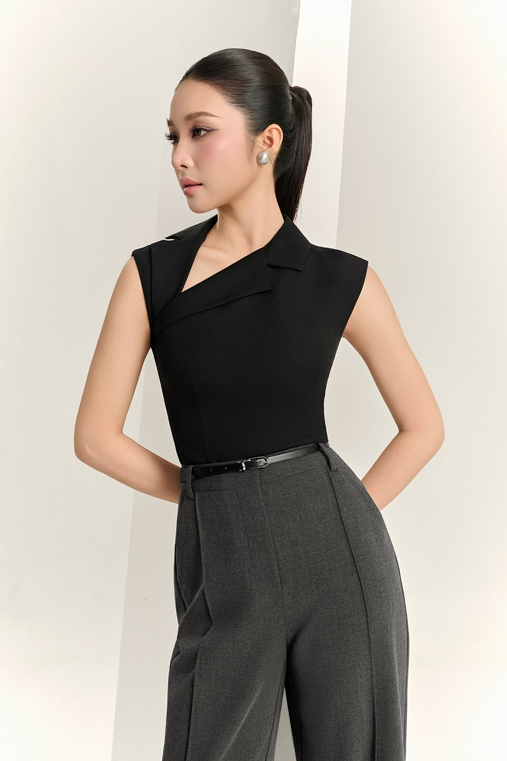 Louisa Padded Asymmetrical Collared Top in Classic Black