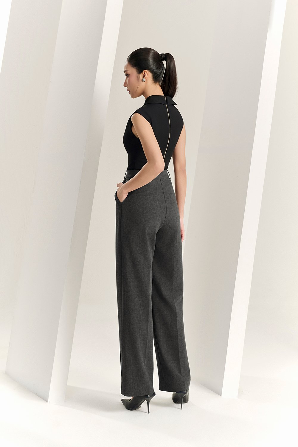 Louisa Padded Asymmetrical Collared Top in Classic Black
