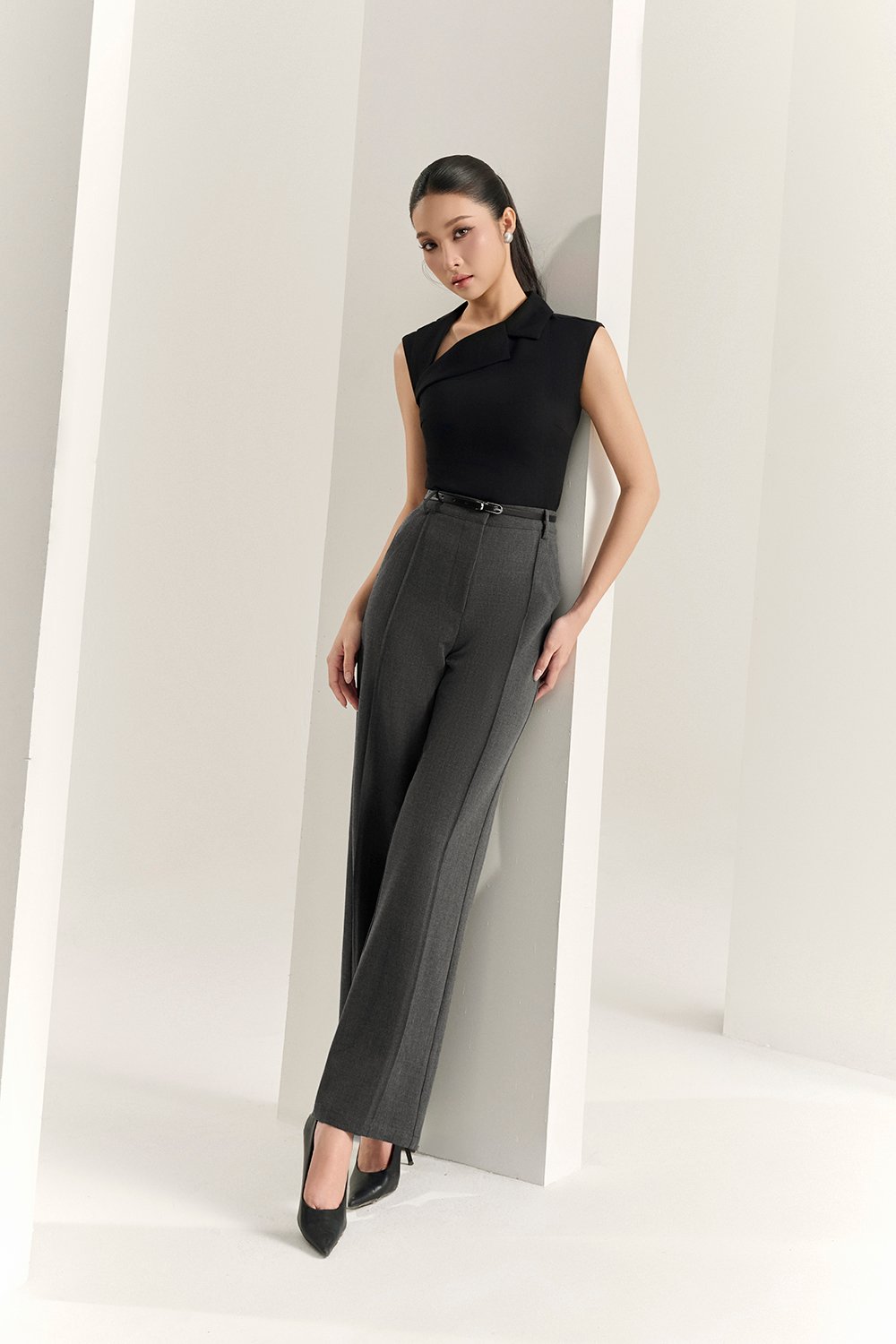 Louisa Padded Asymmetrical Collared Top in Classic Black