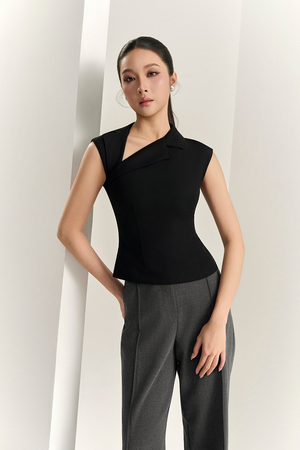 Louisa Padded Asymmetrical Collared Top in Classic Black