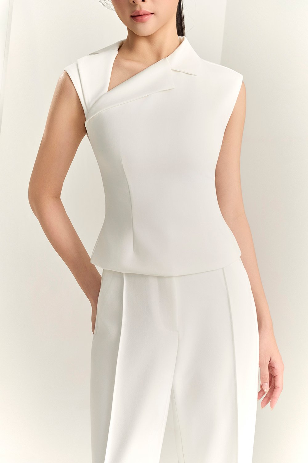 Louisa Padded Asymmetrical Collared Top in Iconic White