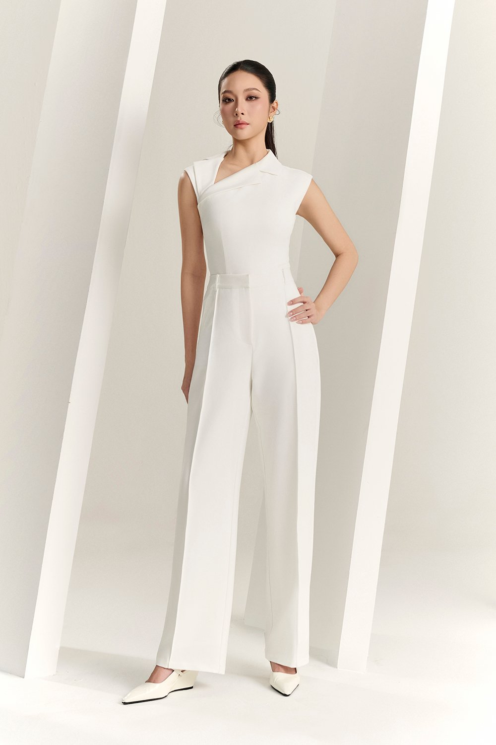 Louisa Padded Asymmetrical Collared Top in Iconic White