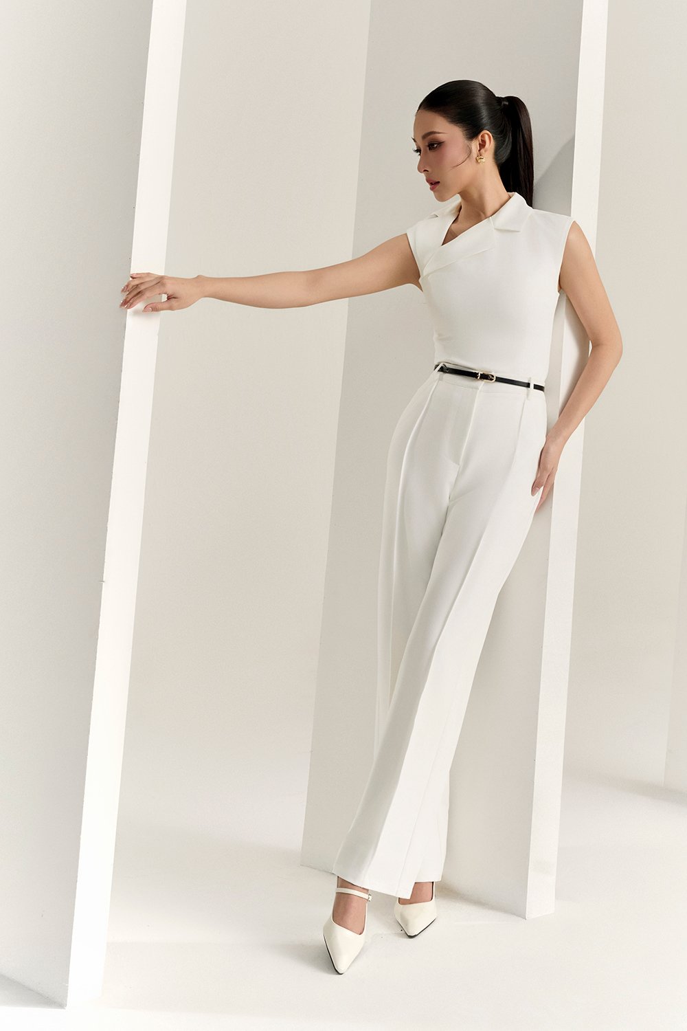 Louisa Padded Asymmetrical Collared Top in Iconic White
