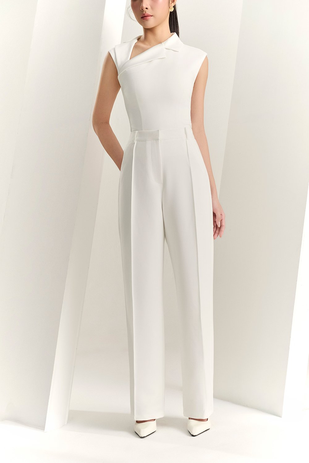 Louisa Padded Asymmetrical Collared Top in Iconic White