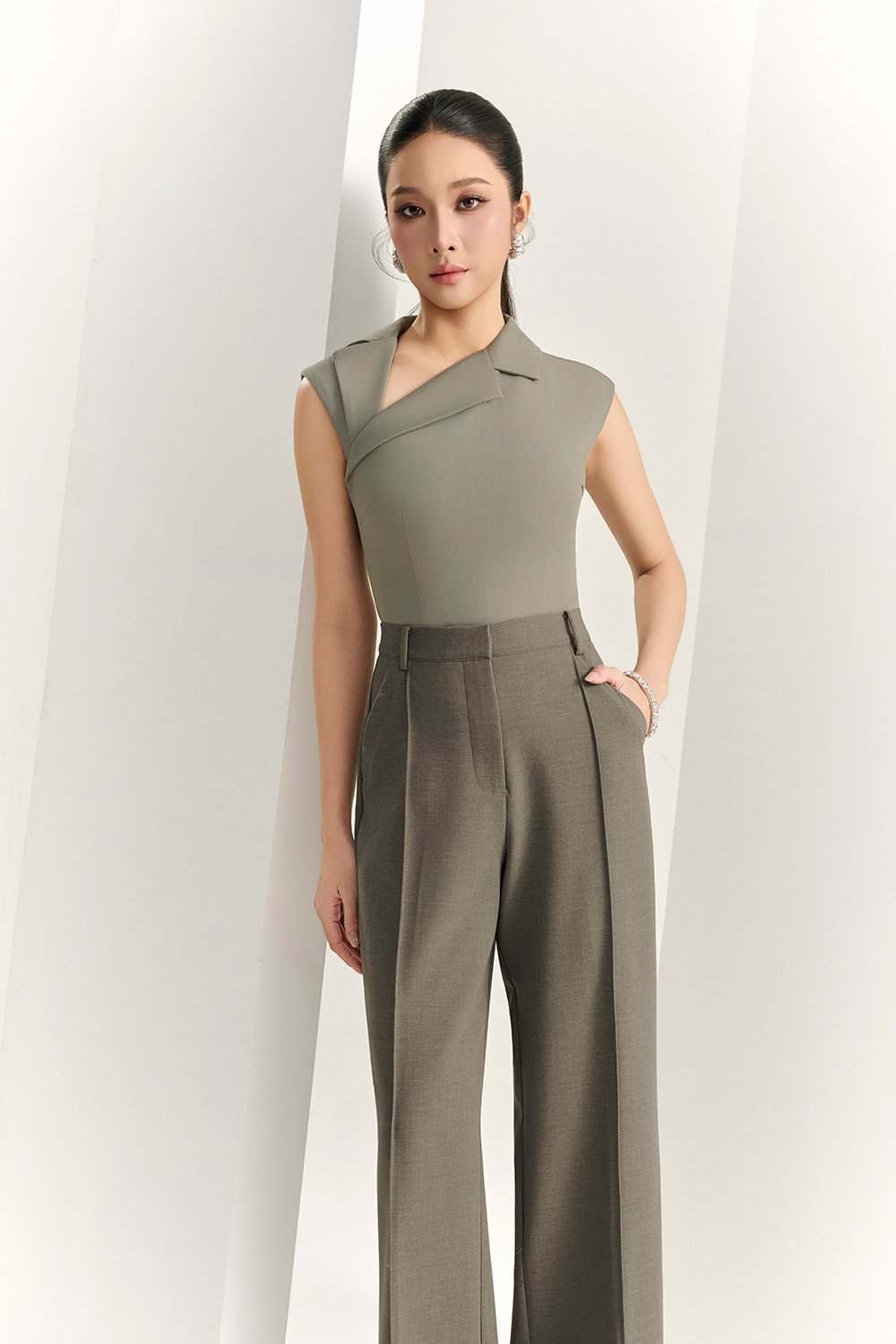 Louisa Padded Asymmetrical Collared Top in Moss Grey