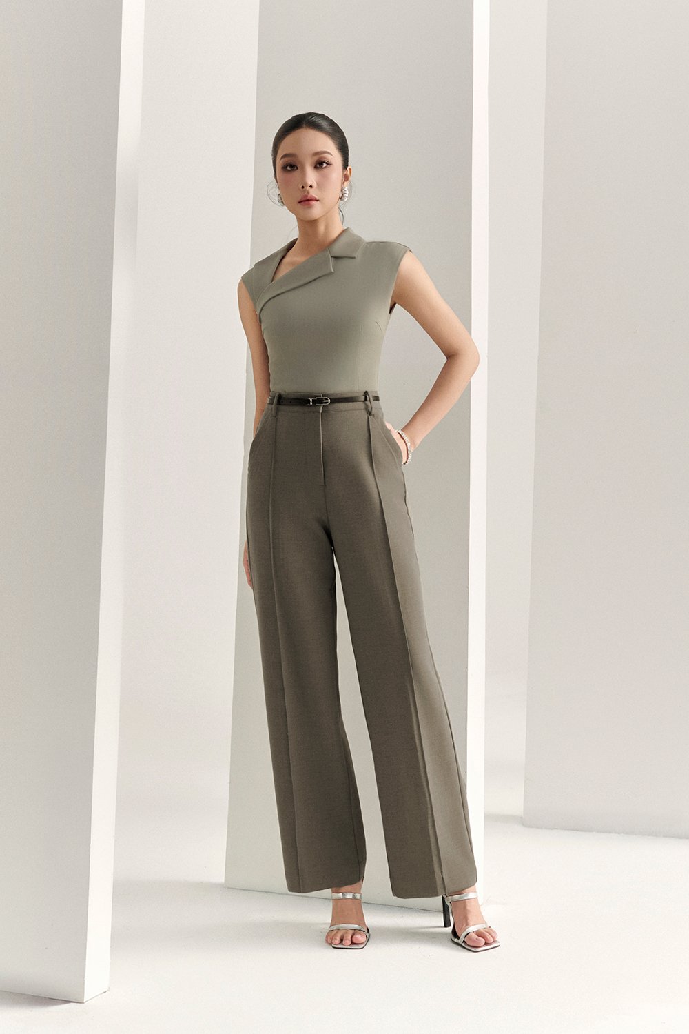 Louisa Padded Asymmetrical Collared Top in Moss Grey