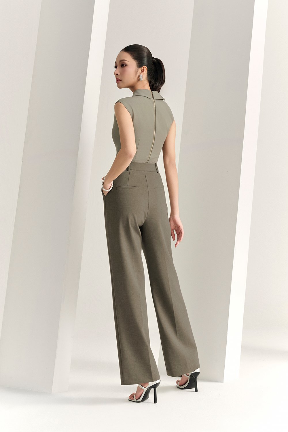 Louisa Padded Asymmetrical Collared Top in Moss Grey