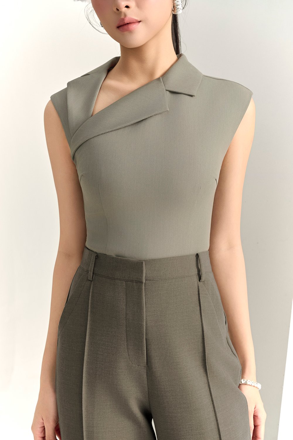 Louisa Padded Asymmetrical Collared Top in Moss Grey