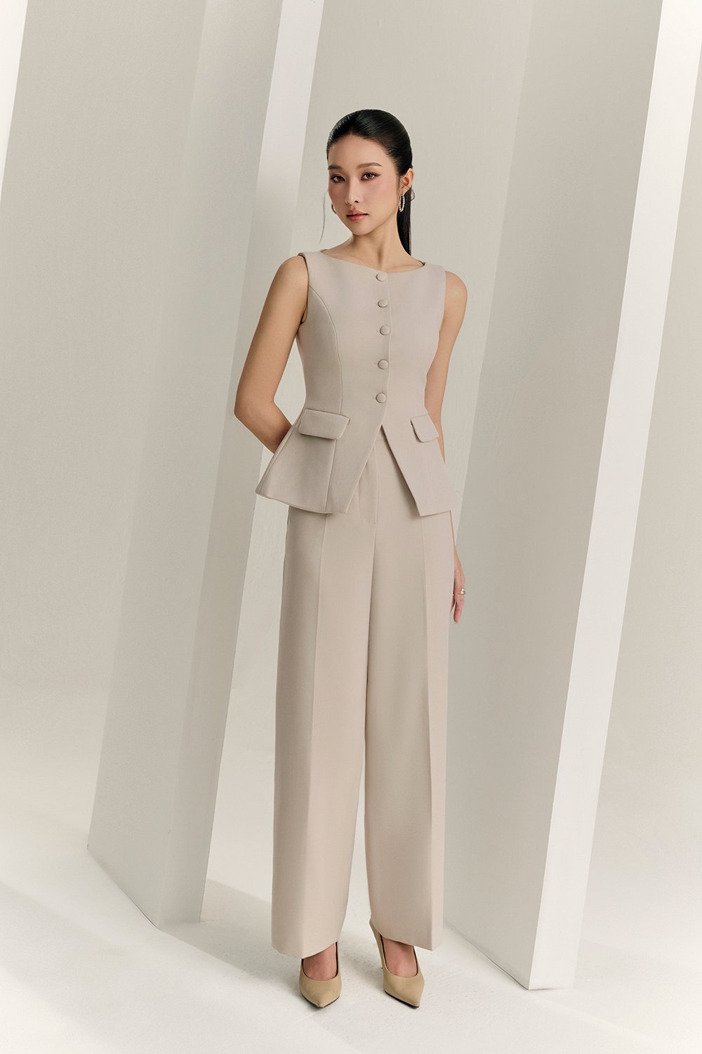 Narissa Tailored Vest Top in Greige Stone